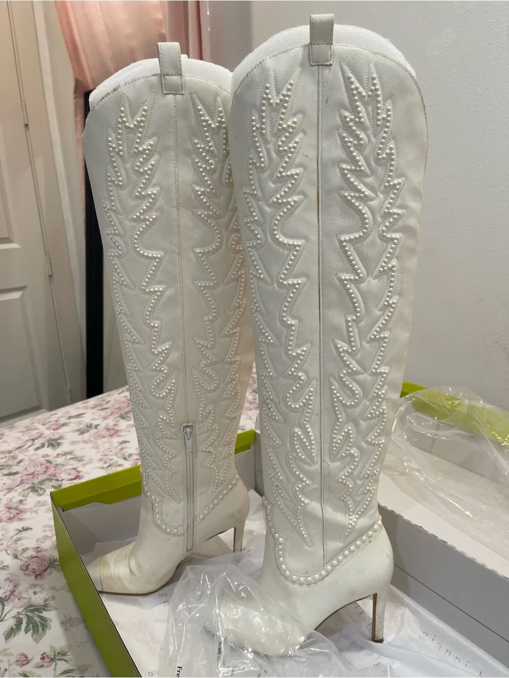 Gianni Bini White Pearl-Trim Over-the-Knee Heeled Boots